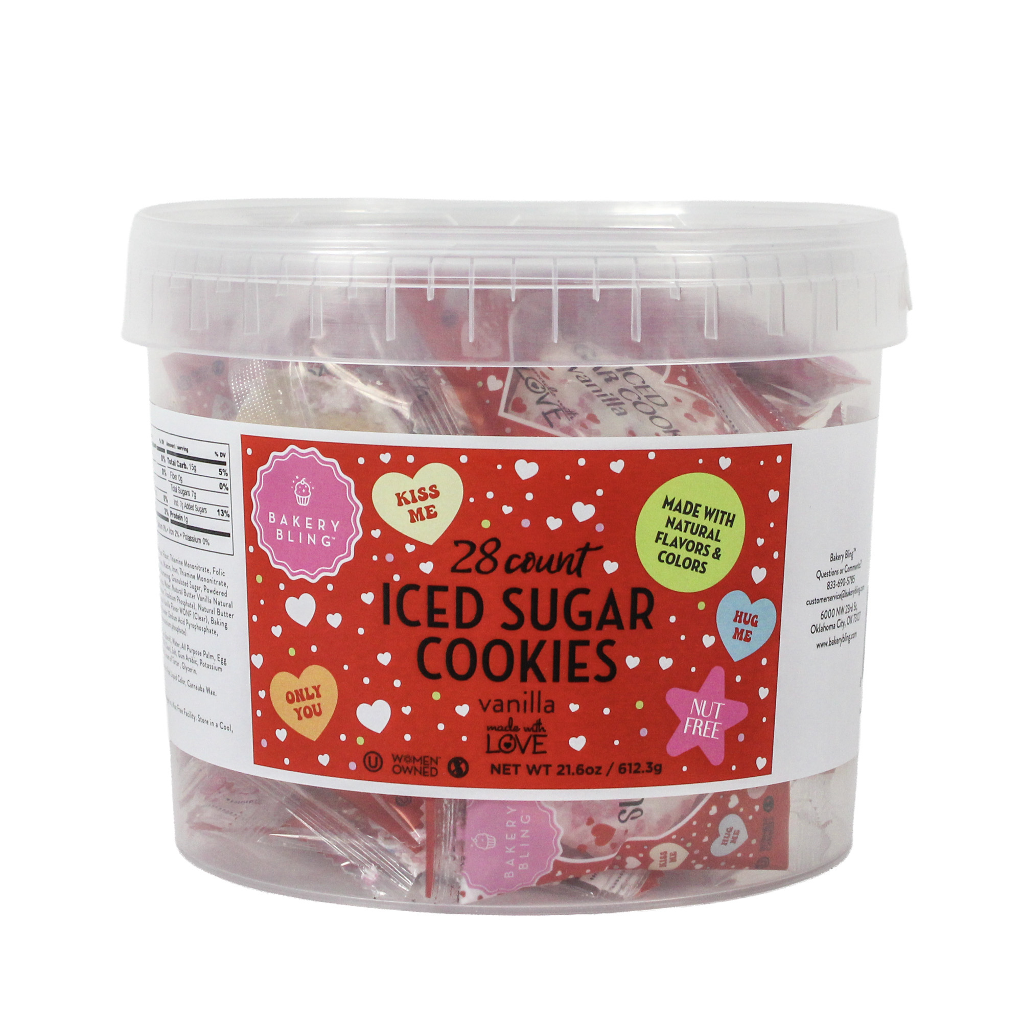 Individually wrapped Valentine iced heart sugar cookie with To and From label for classroom exchanges from Bakery Bling, nut-free.