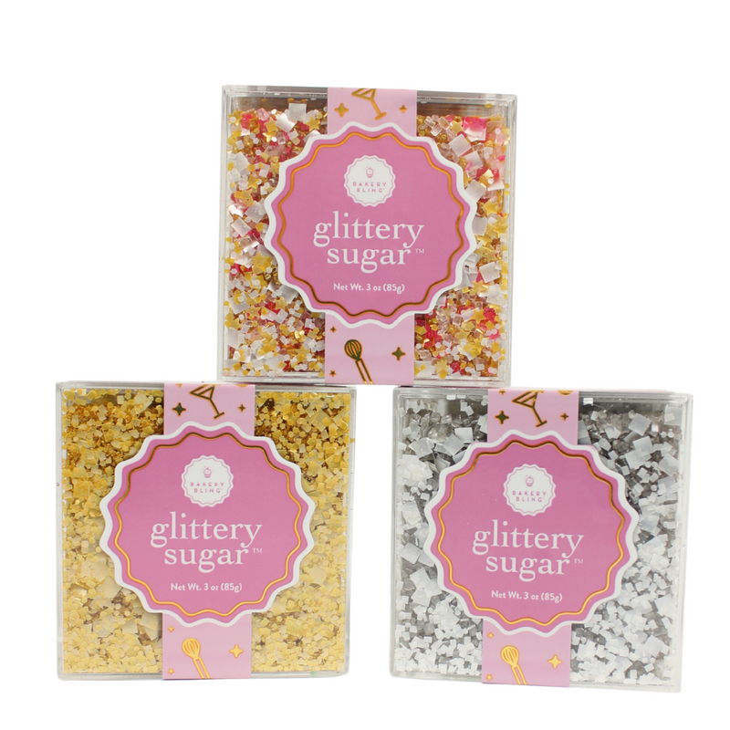 Bakery Bling 100% edible glitter sugar sprinkles for dessert decorating and drinks in Hollywood Hills (pink, white, with gold edible glitter stars and gold edible glitters), Expensive Taste (metallic gold), and 5th Avenue (metallic silver) Blinged-Out Glittery Sugars. 