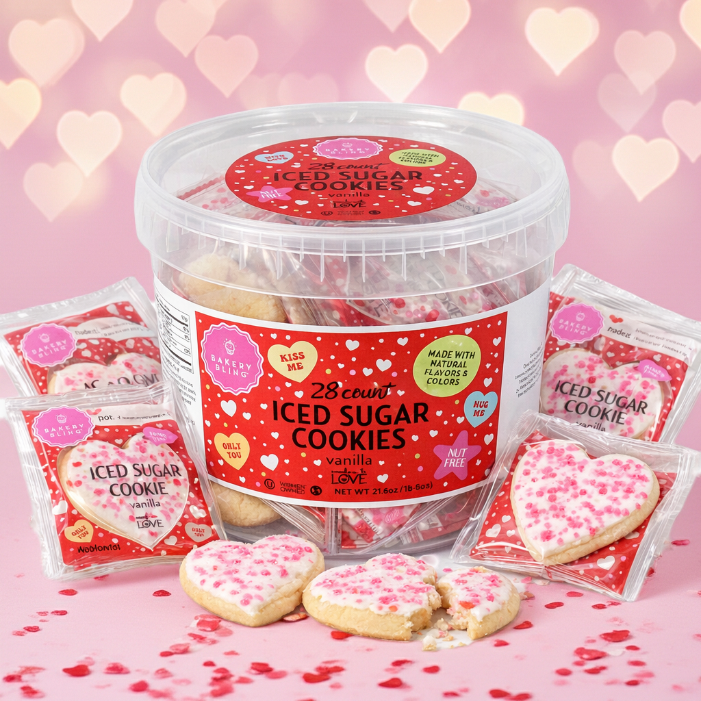 Bakery Bling Valentine's Day 28-Count Iced Sugar Cookies Pail - School Friendly, Nut-Free, Made with Natural Flavors and Colors
