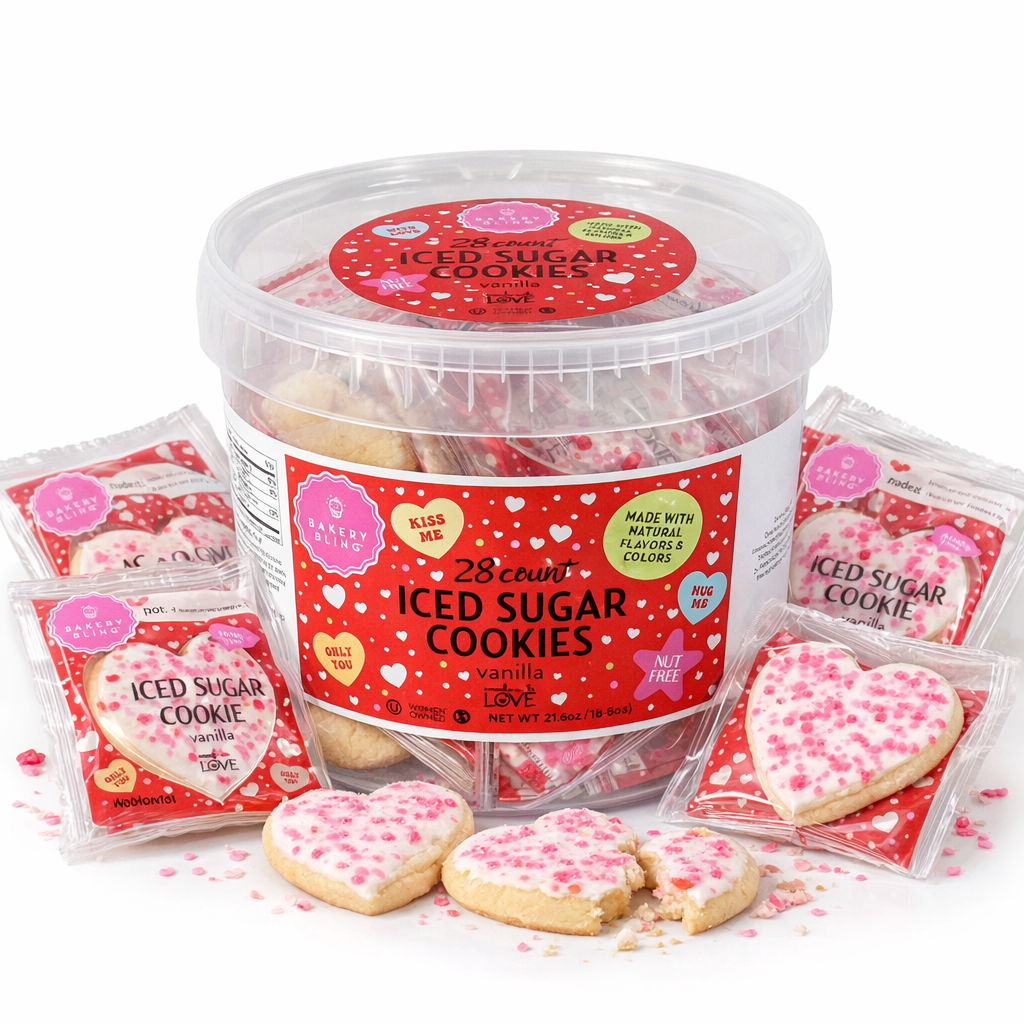 Bakery Bling Valentine's Day 28-Count Iced Sugar Cookies Pail - School Friendly, Nut-Free, Made with Natural Flavors and Colors