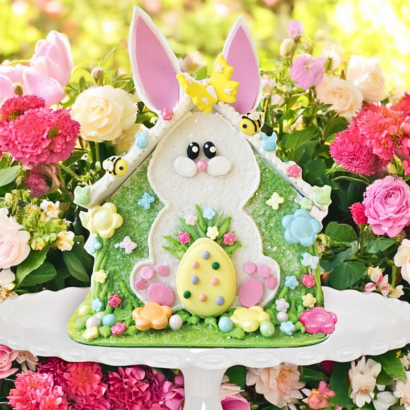 Easter Bunny Cookie House Decorating Kit | Bunny Patch Designer Insta-House™ | All-in-one Easter themed cookie decorating activity by Bakery Bling™ for all ages! Comes with thermoform mold for easy assembly, pre-baked cookies, icing, edible decorations, sprinkles, glittery sugar and festive Easter candies. 