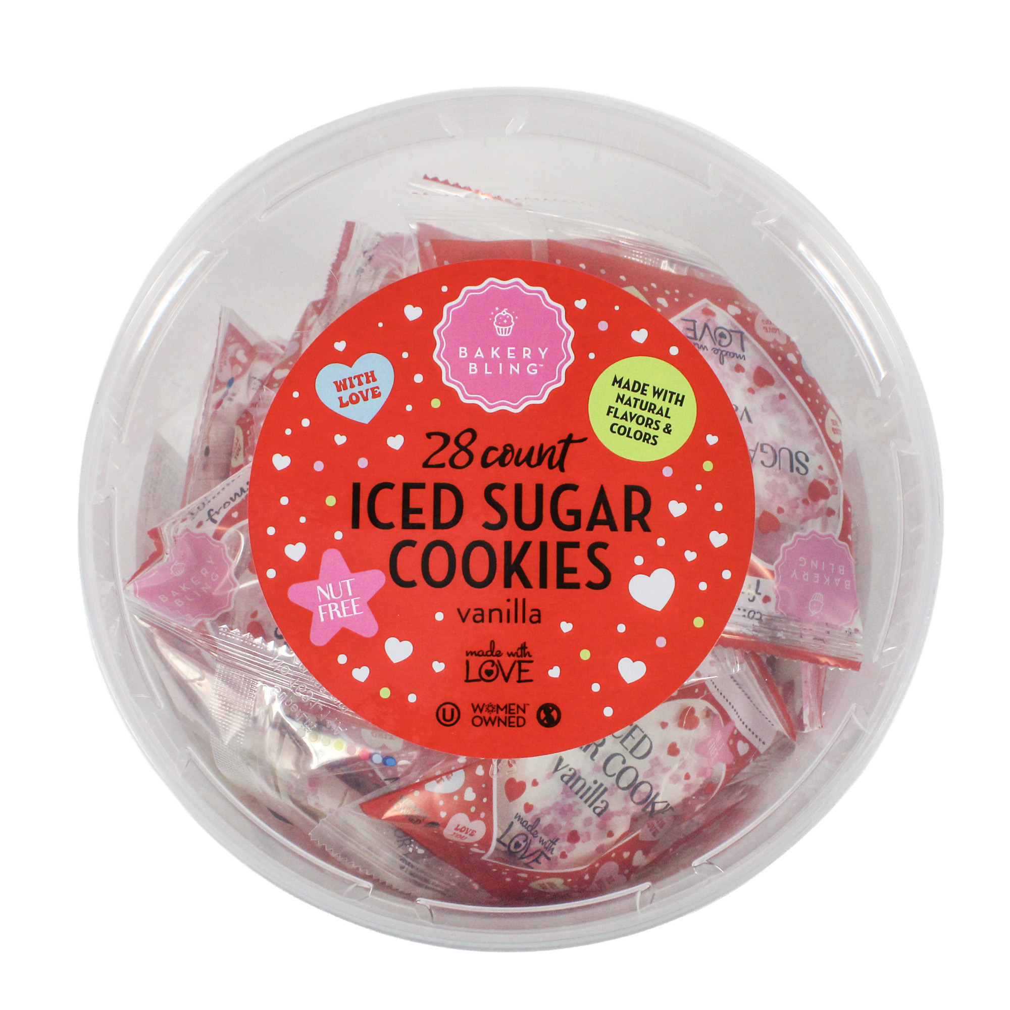 Container of iced sugar cookies with a red label on a white background