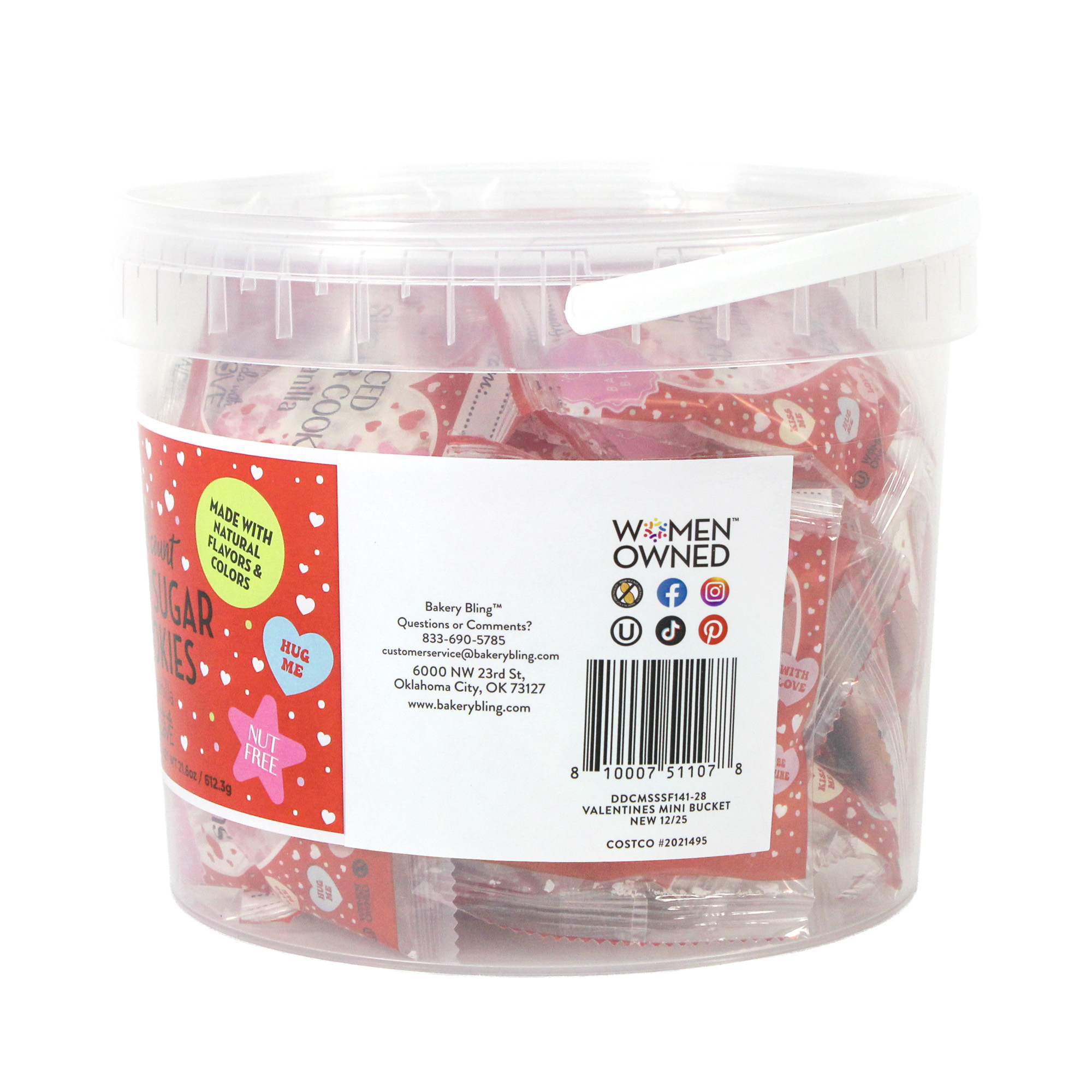 Clear bucket of 28 individually wrapped cookies for Valentines Day labeled 'Women Owned' on a white background
