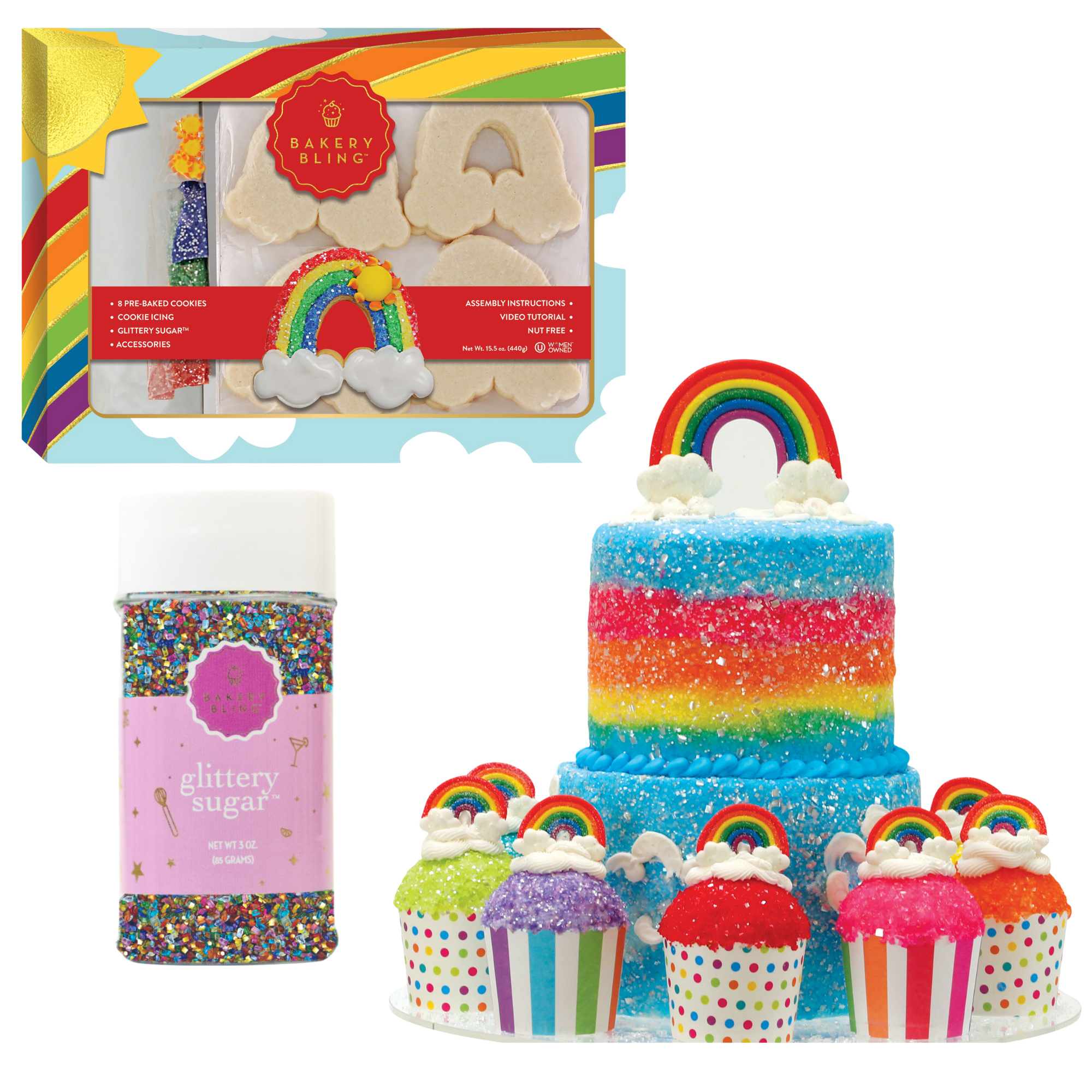 Designer Rainbow Decorating Bundle (Cookie Kit, Cake Decor + Glittery Sugar)