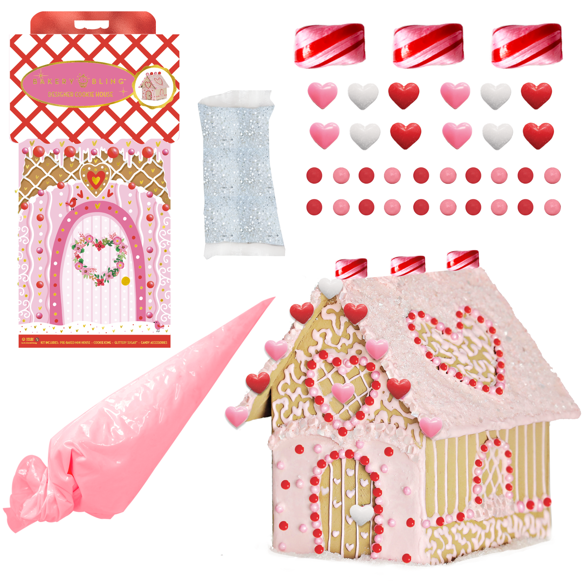 Valentines Mini House Cookie Decorating Kit | Bakery Bling Pre-Baked, All-in-One Cookie Decorating Kit for Valentine's Day | Pink and Red with 100% Edible Glitter Sprinkles