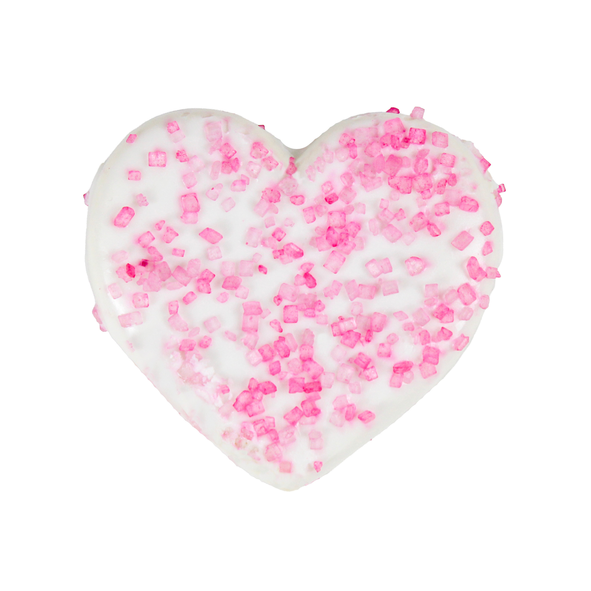 Heart-shaped Valentine iced sugar cookie with pink sprinkles for classroom parties from Bakery Bling.