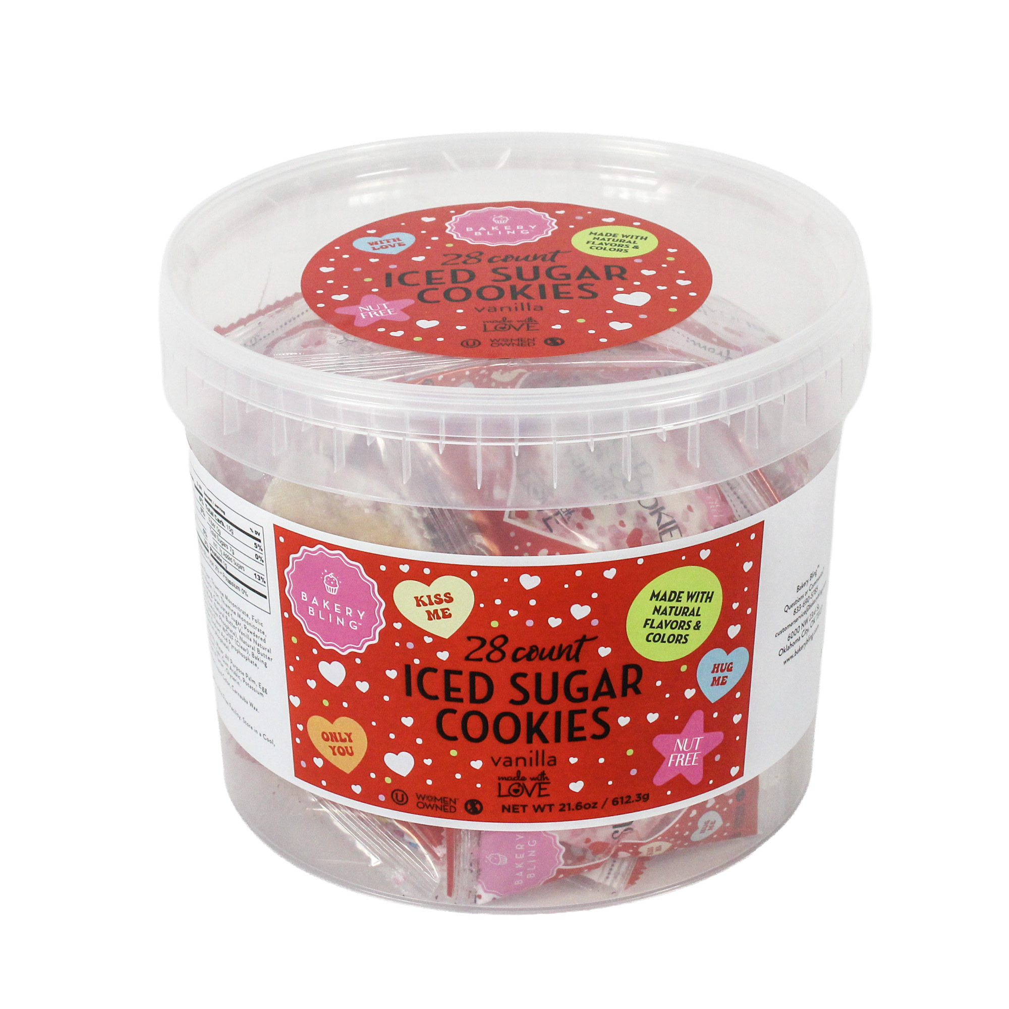 Individually wrapped Valentine iced heart sugar cookie with To and From label for classroom exchanges from Bakery Bling, nut-free.