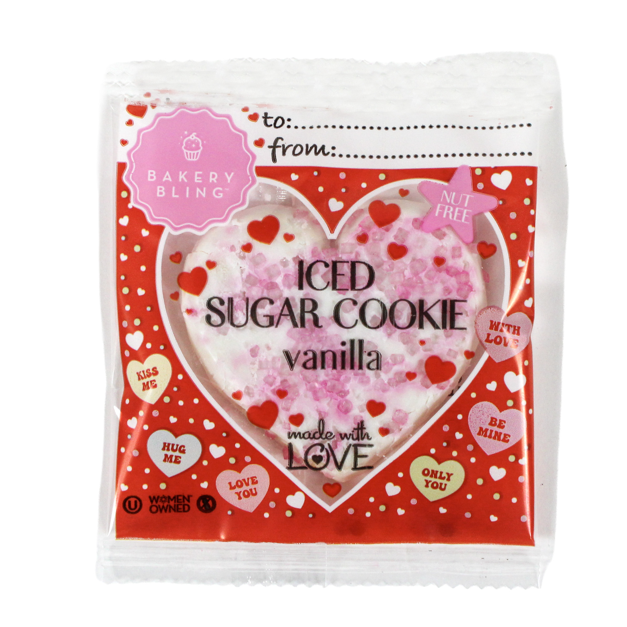 Individually wrapped Valentine heart iced sugar cookie with To and From label, nut-free and school friendly from Bakery Bling.
