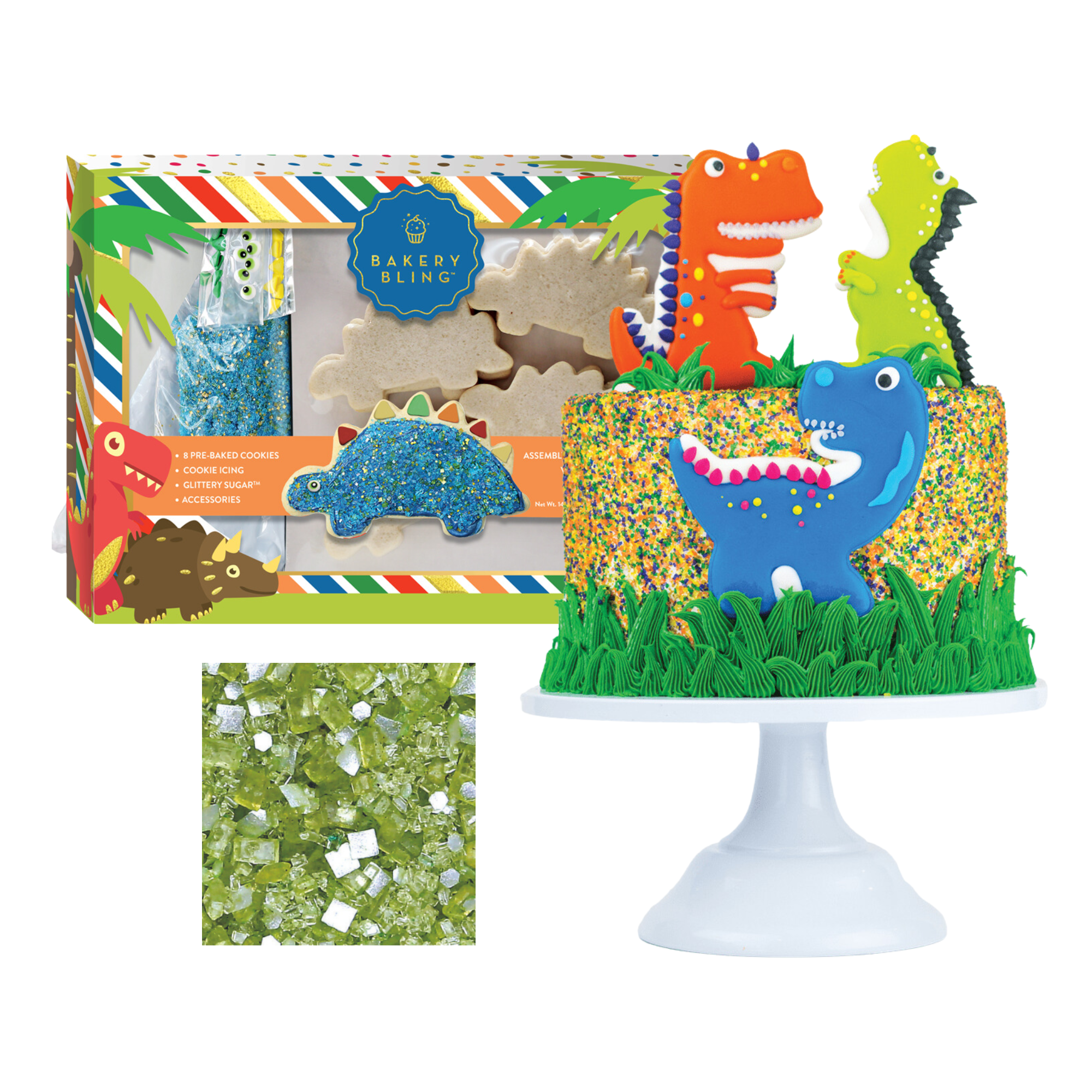 Dinosaur Designer Decorating Bundle (Cookie Kit + Cake Decor + Glittery Sugar)