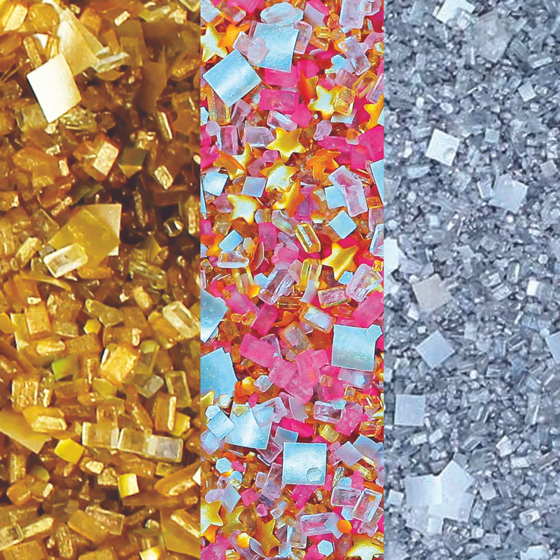 Bakery Bling 100% edible glitter sugar sprinkles for dessert decorating and drinks in Hollywood Hills (pink, white, with gold edible glitter stars and gold edible glitters), Expensive Taste (metallic gold), and 5th Avenue (metallic silver) Blinged-Out Glittery Sugars. 