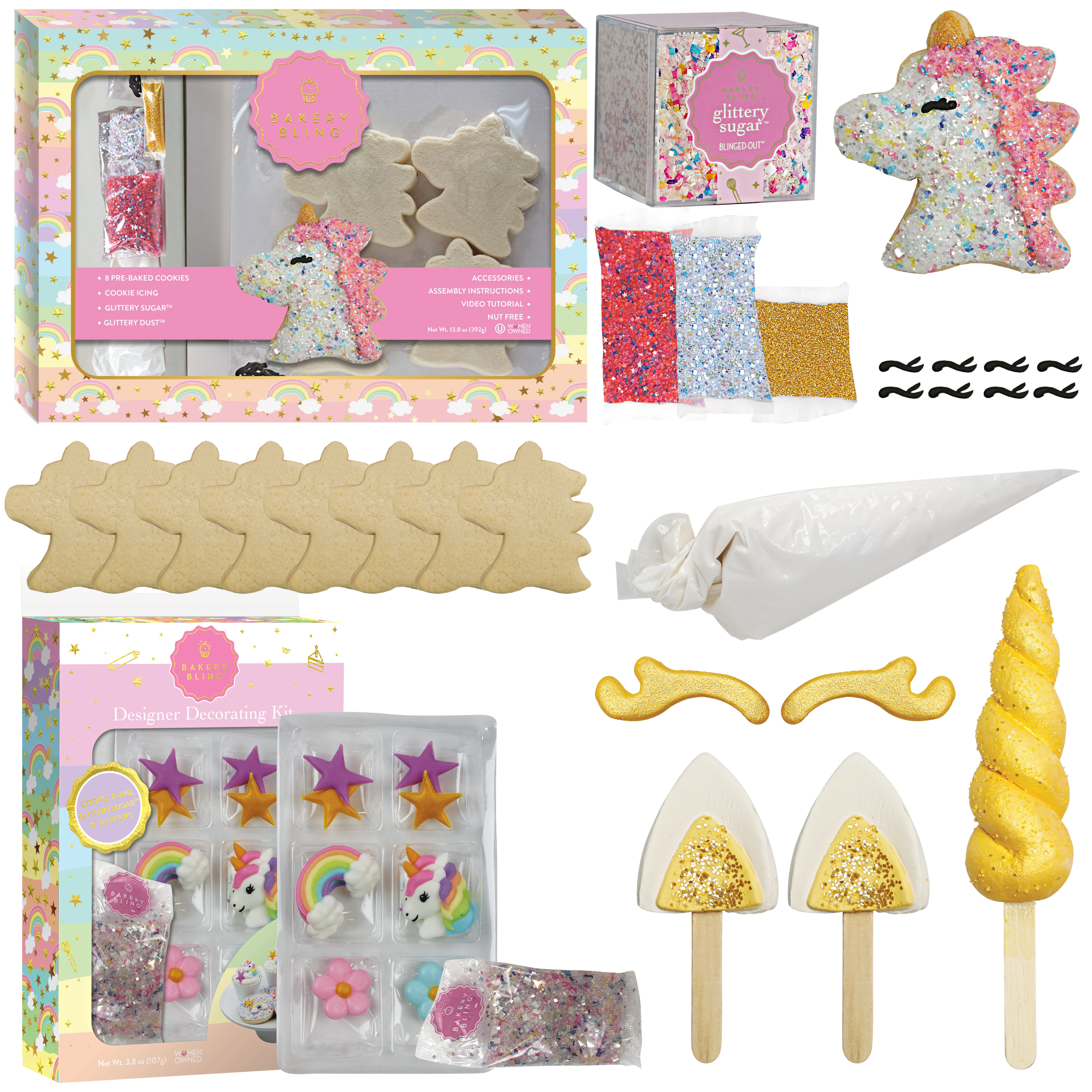 Glittery Designer Unicorn Bundle (Cookie Kit, Cupcake Decor Kit, Glittery Sugar and Cake Decor)
